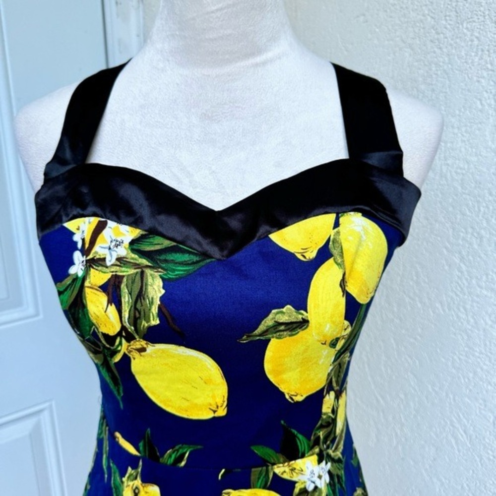 DRESS TELLS. Vintage Cocktail‎ Halter Dress Yellow & Blue, Lemon print. S…
